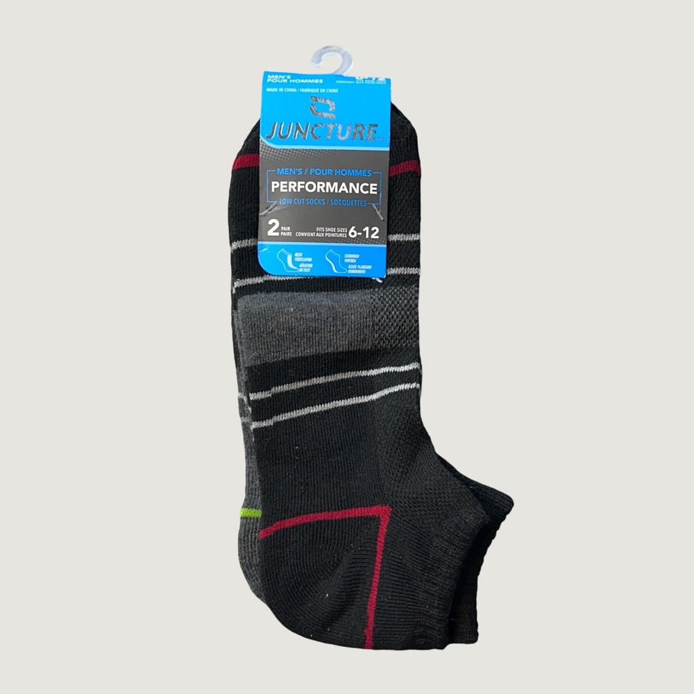 Juncture Socks Mens 6-12 Black Performance Low Cut 2 Pair Pack Striped Athletic